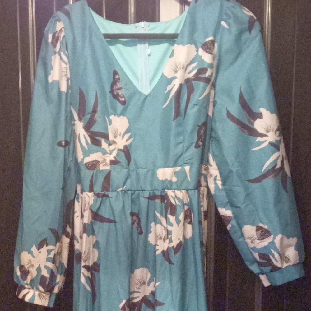XXL Gorgeous TEAL Floral Long Sleeve MAXI  Dress Also Listed XL